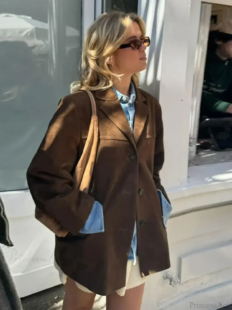 Brown Double Pocket Blazer Short Coat Brown / S