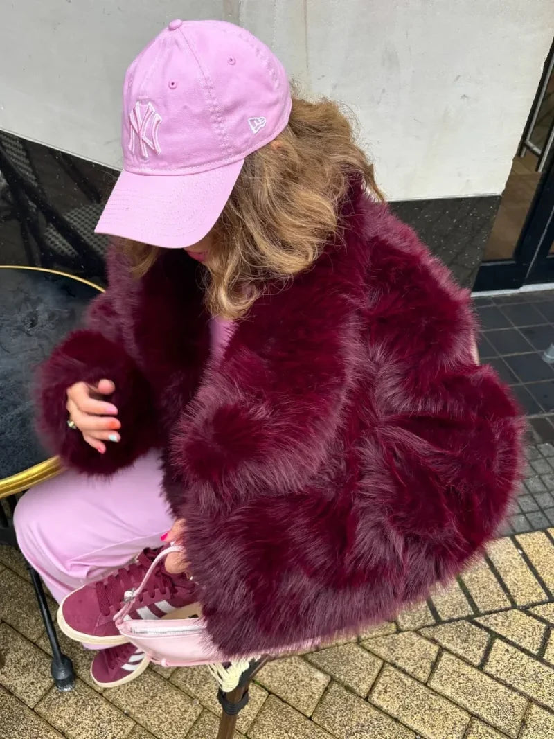 Burgundy Fluffy Lapel Short Coat
