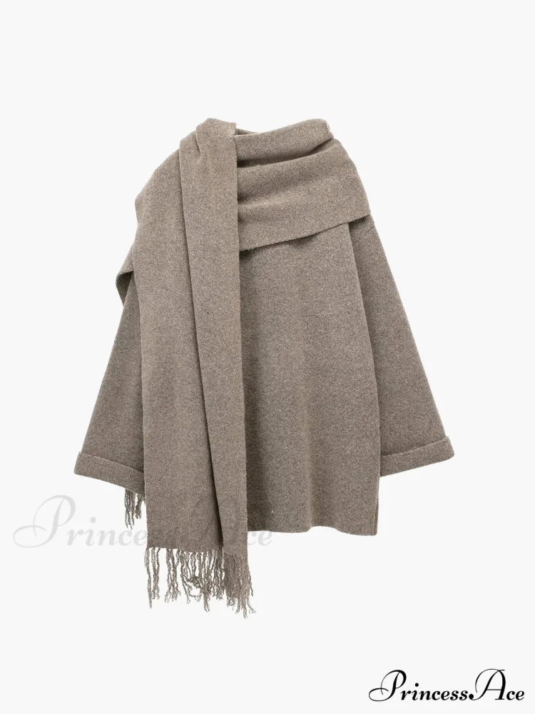 Button Down Pocket Coat Modern With Matching Tassel Scarf Sweaters-L
