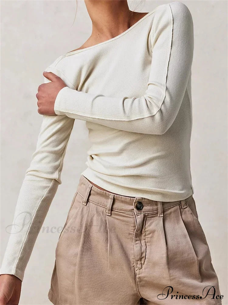 Casual Ribbed Long Sleeve Solid Slim Fit Backless T-Shirts White / S