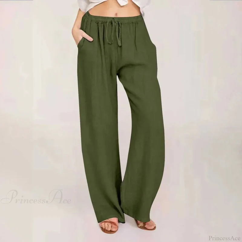 Cotton Linen Wide Leg Drawstring Pants green / S