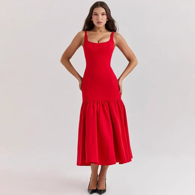 Elegant Red Spaghetti Strap Midi Holiday Dress Casual Birthday Party Dresses Christmas / Xs