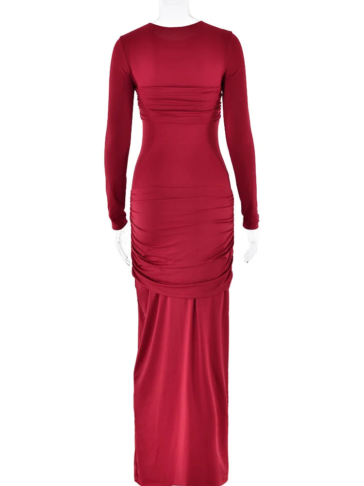 Fashion O-Neck Long Sleeve High Waist Bodycon Red Christmas Party Dress Dresses-L
