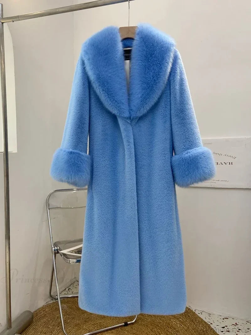 Faux Fur Fur Collar Loose Warm Overcoat Sky Blue / XS