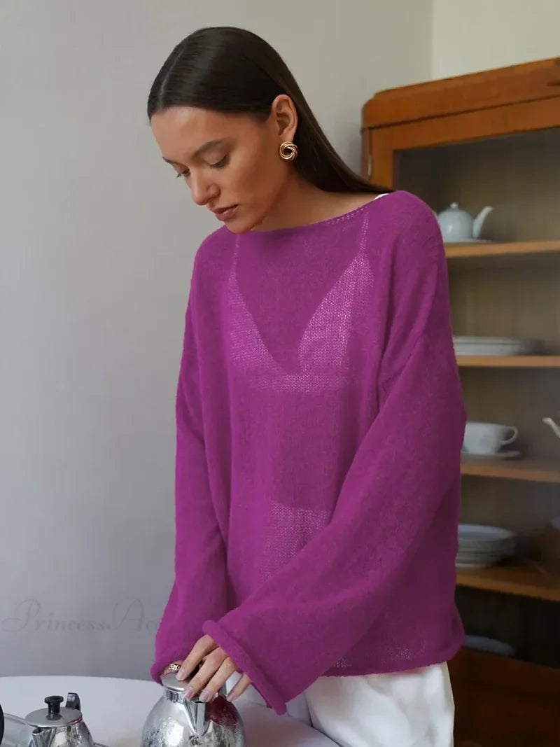 Hollow See-through O-neck Long Sleeve Sweater Purple / S