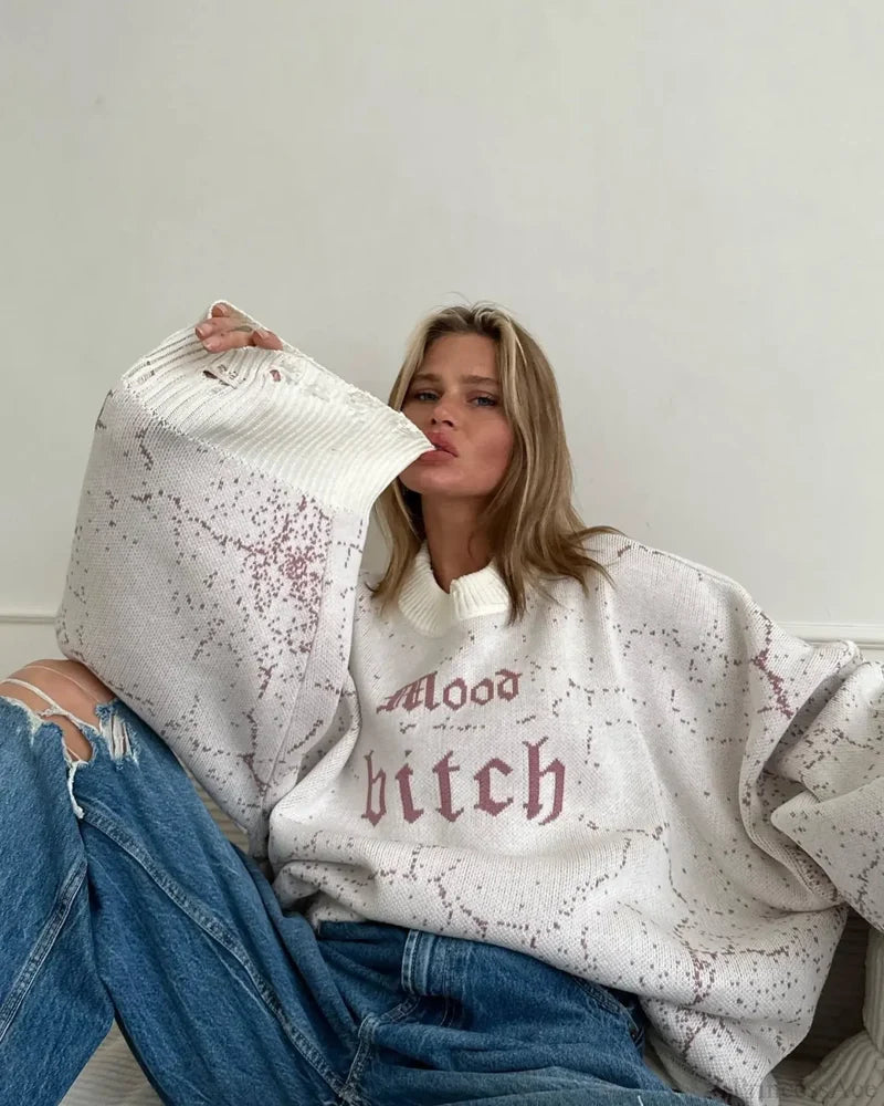 Letter Embroidery Lazy Style Sweater White / One Size
