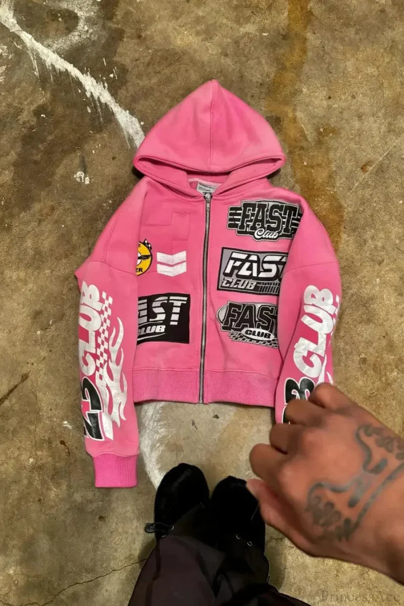 Motorcycle Style Graphic Hoodie Pink / S