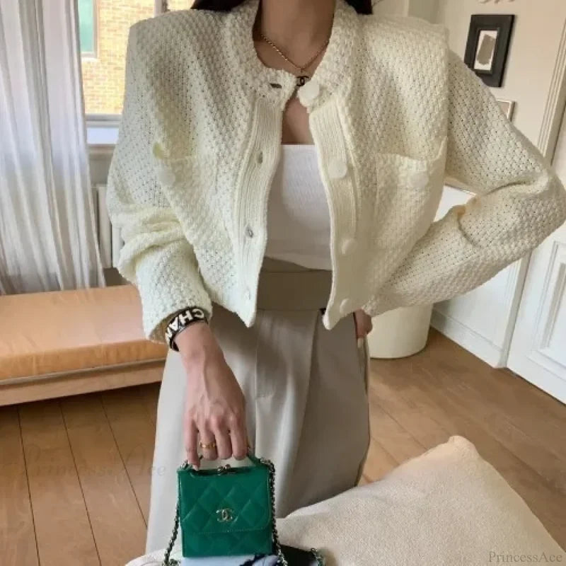 Pocket Cropped Solid O-Neck Knit Cardigan White / One Size cardiagn-250126