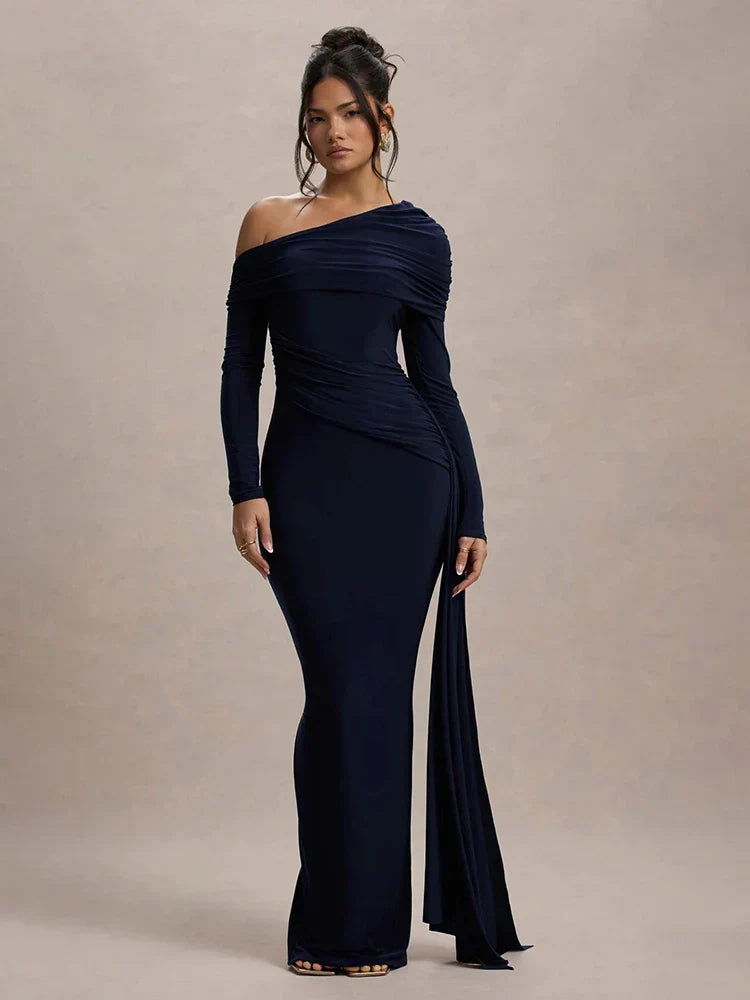 Skew Collar Long Sleeve Maxi Party Dress Black / S Partydress-241208