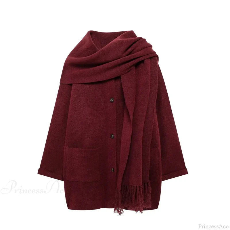 Solid Knitted Single Breasted Coat Burgundy Red / S Coats-241208