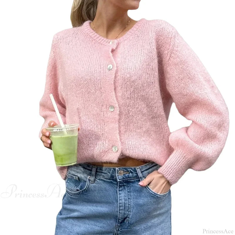Solid O-neck Cropped Knitted Cardigan pink / S