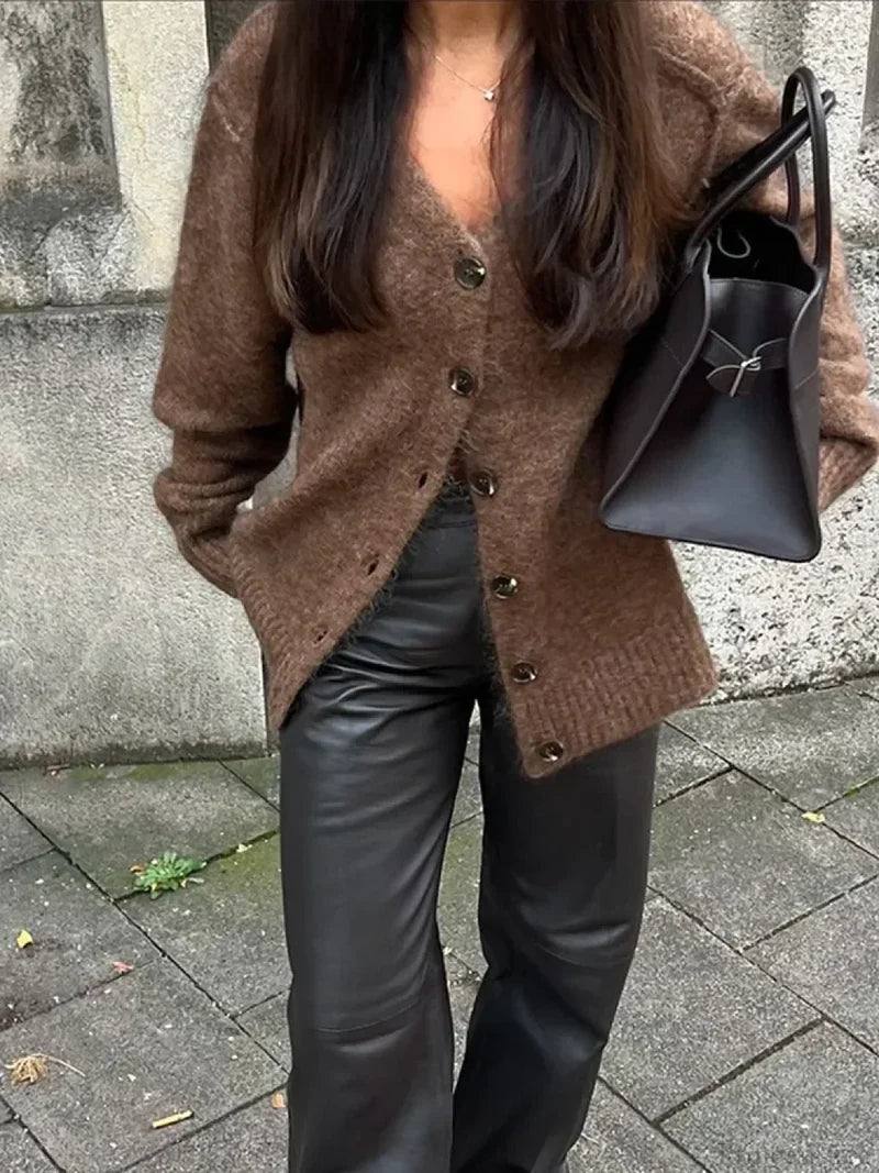 Solid V-neck Mohair Loose Cardigan Brown / S