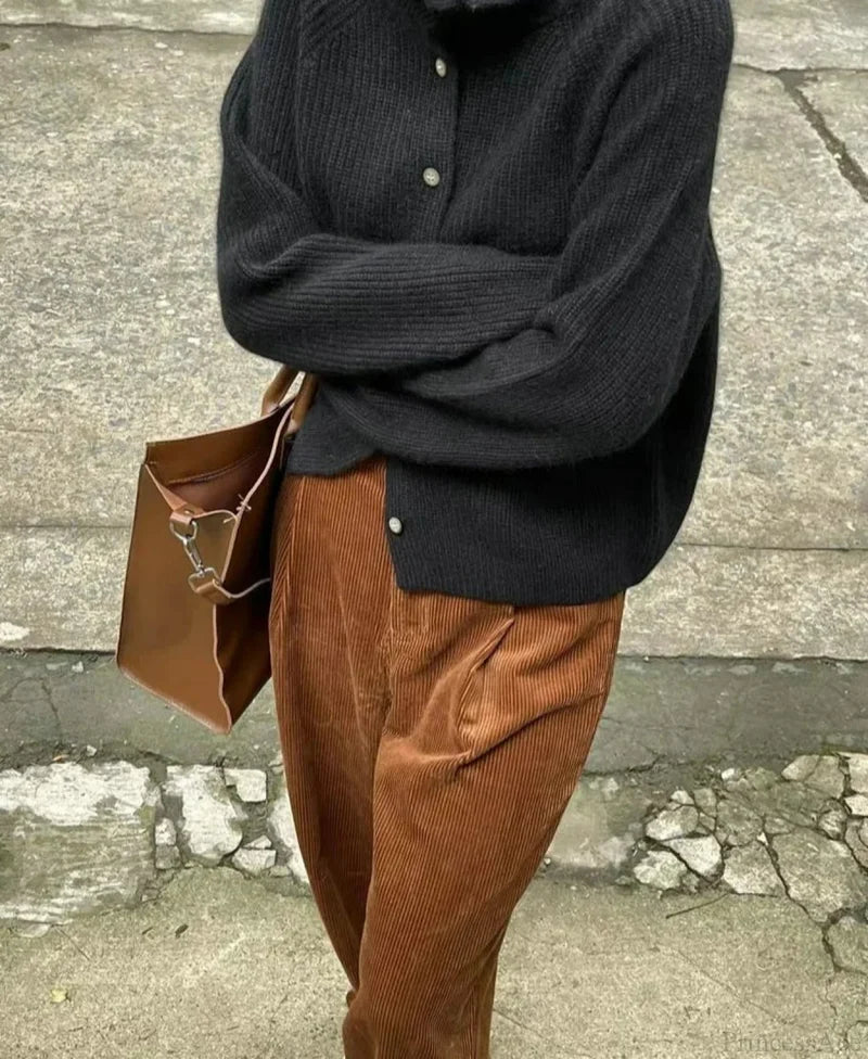 Turtleneck Loose Single Breasted Cardigan Black / One Size