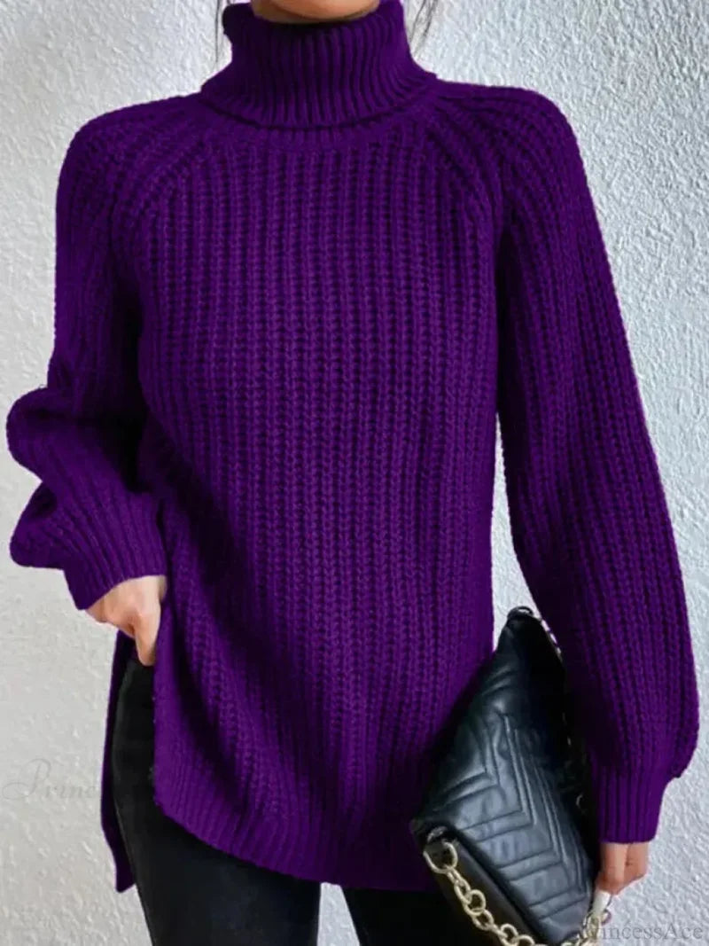 Turtleneck Split Crochet Thick Sweater Purple / S
