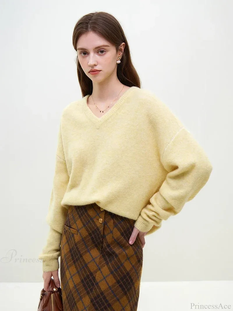 Wool Alpaca V-Neck Drop Sleeve Sweater Yellow / S