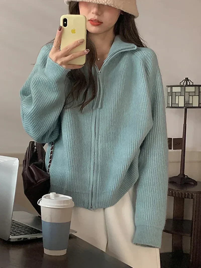 Zippered Knit Cardigan Blue / One Size