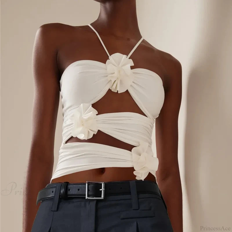 3D Floral Strap Halter Bodycon Crop Top WHITE / S croptop-250126