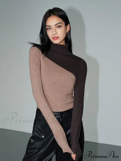 Asymmetric Patchwork Long Sleeve Modern Mock Neck Knit Top Brown / Xs Sweaters-L
