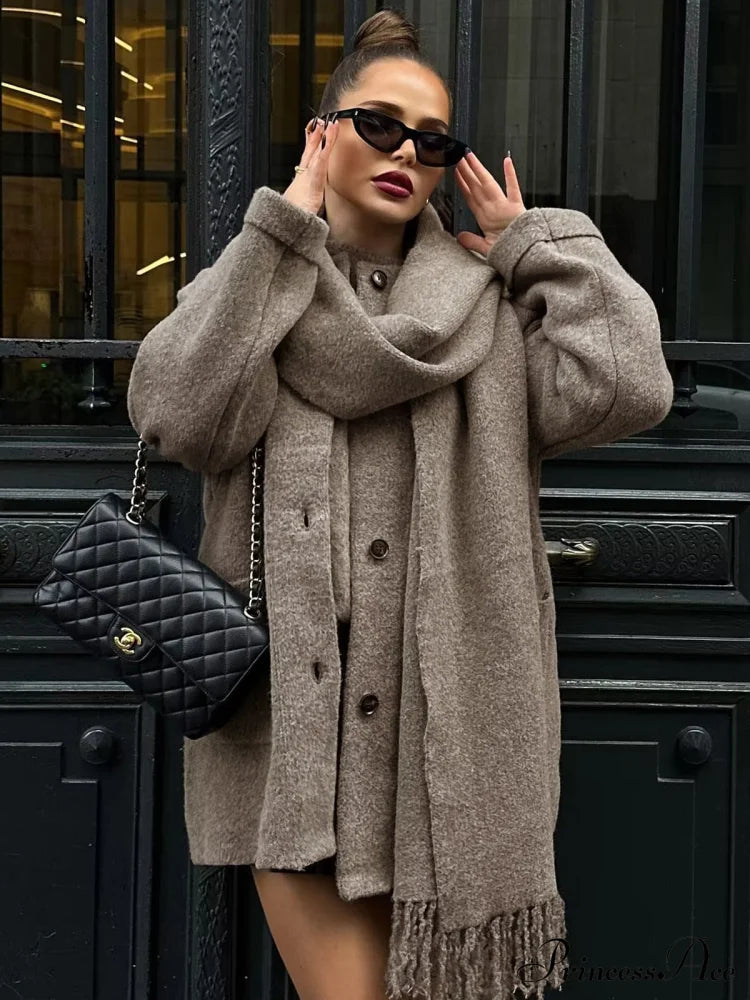 Button Down Pocket Coat Modern With Matching Tassel Scarf Sweaters-L