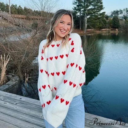 Casual Cozy Heart Print Loose O-Neck Long Sleeve Stylish Warm Sweater White / S Sweaters-L