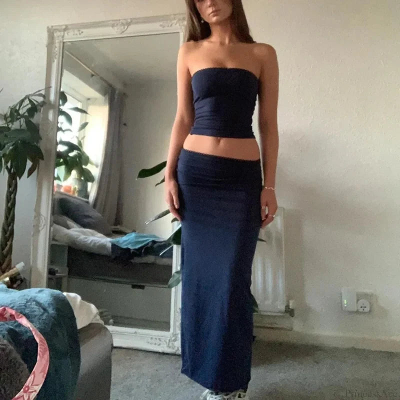 Chic Women Chest Wrap Tube Tops + Low Rise Long Skirt Summer Strapless Camis Crop Tops Y2K Fairycore Vintage 2 Piece