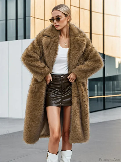 Faux Fur Lapel Loose Long Sleeve Overcoat grey / S