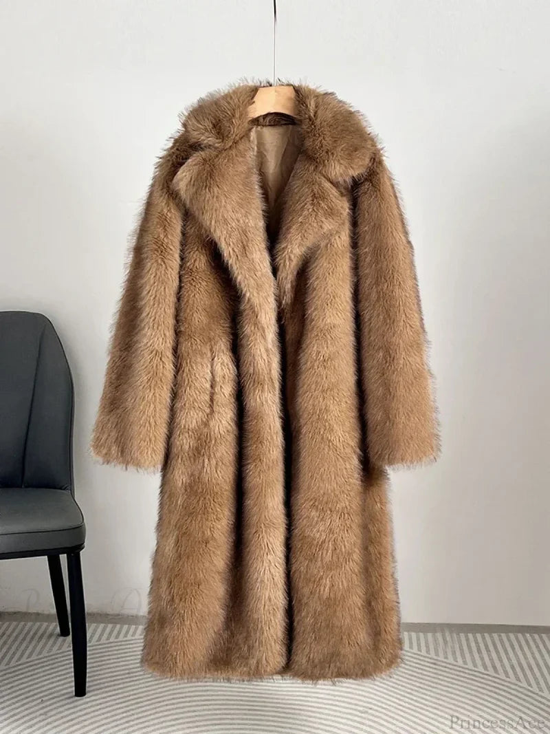 Faux Fur Lapel Loose Long Sleeve Overcoat