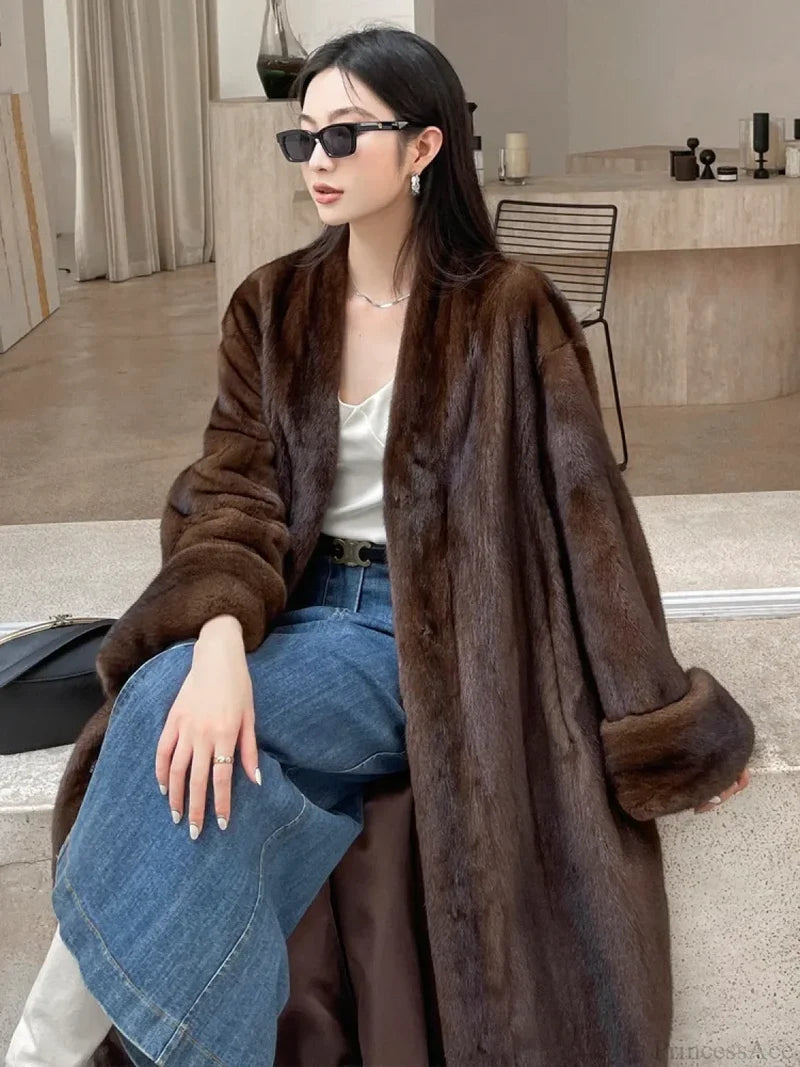 Imitation Mink Lapel Full Sleeve Overcoat coffee / S