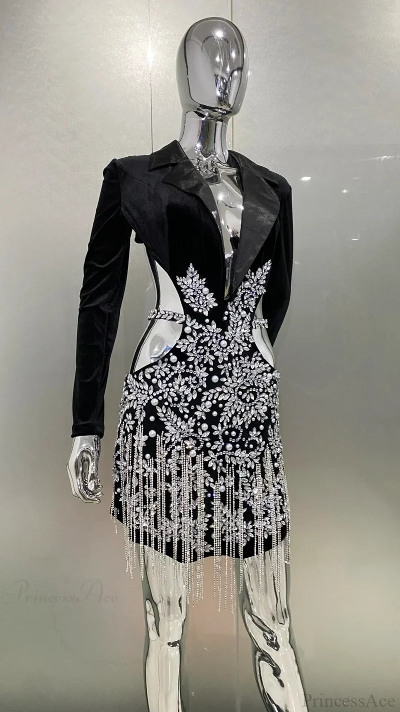 Luxury Diamonds Tassel Sexy Hollow Notched Black Mini Dress Evening Party Christmas Dresses-L