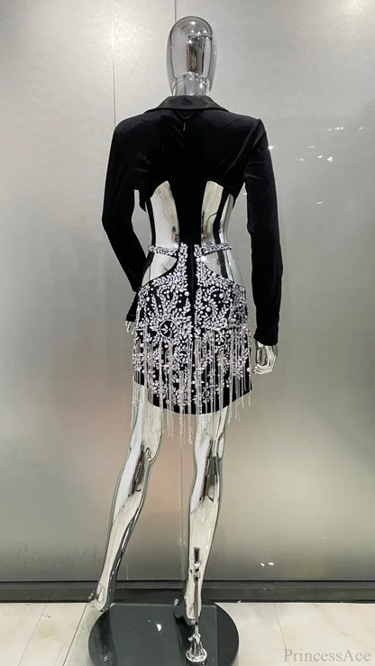 Luxury Diamonds Tassel Sexy Hollow Notched Black Mini Dress Evening Party Christmas Dresses-L