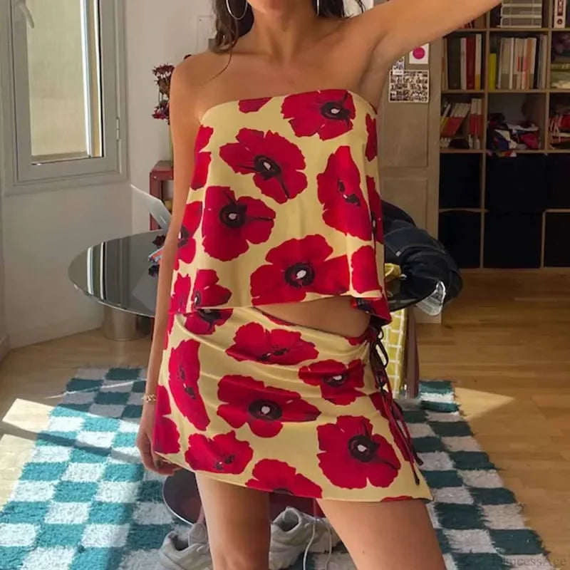 Multi-wear style Floral Print Mini Skirt Crop Tops Women Slim Low Waist Side Split Tie-Up Bodycon Skirt Y2K Vintage