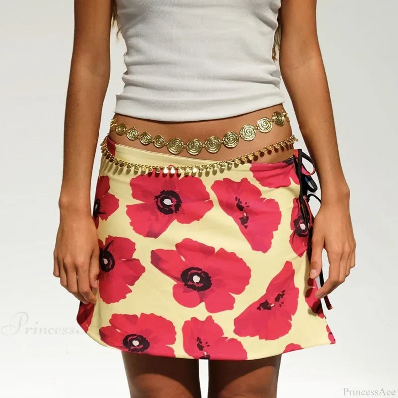 Multi-wear style Floral Print Mini Skirt Crop Tops Women Slim Low Waist Side Split Tie-Up Bodycon Skirt Y2K Vintage
