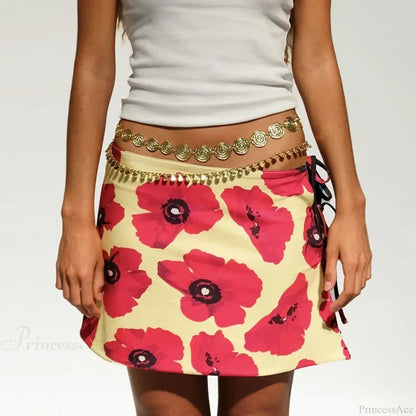 Multi-wear style Floral Print Mini Skirt Crop Tops Women Slim Low Waist Side Split Tie-Up Bodycon Skirt Y2K Vintage