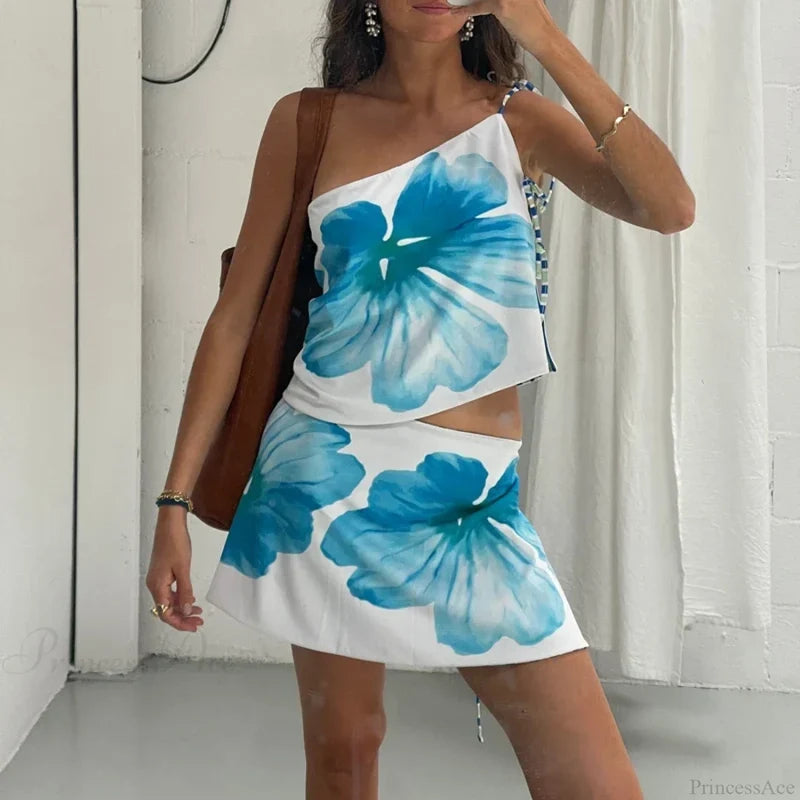 Multi-wear style Floral Print Mini Skirt Crop Tops Women Slim Low Waist Side Split Tie-Up Bodycon Skirt Y2K Vintage