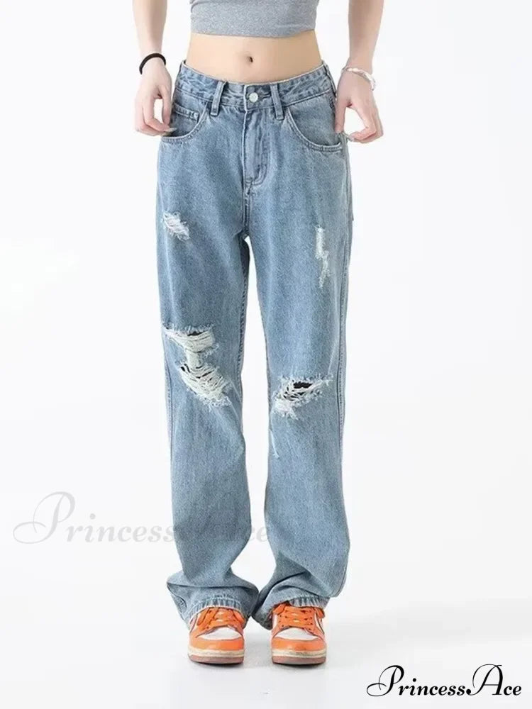 Perforated Jean Summer Thin High Street Trendy Brand Handsome And Loose Fitting Straight Casual