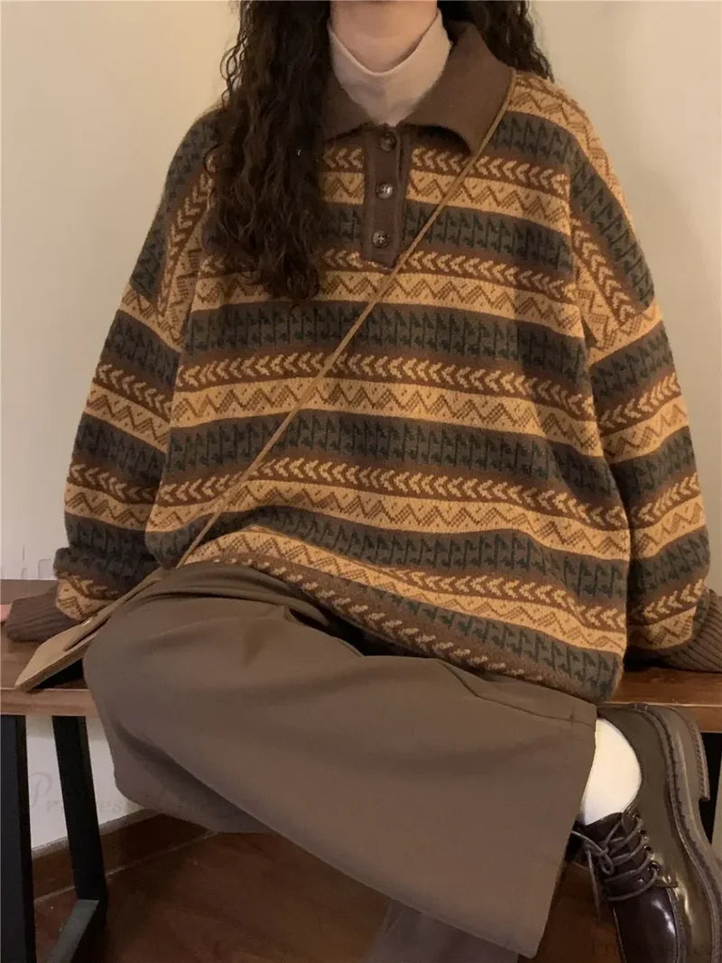 Retro Lazy Style Striped Loose Sweater