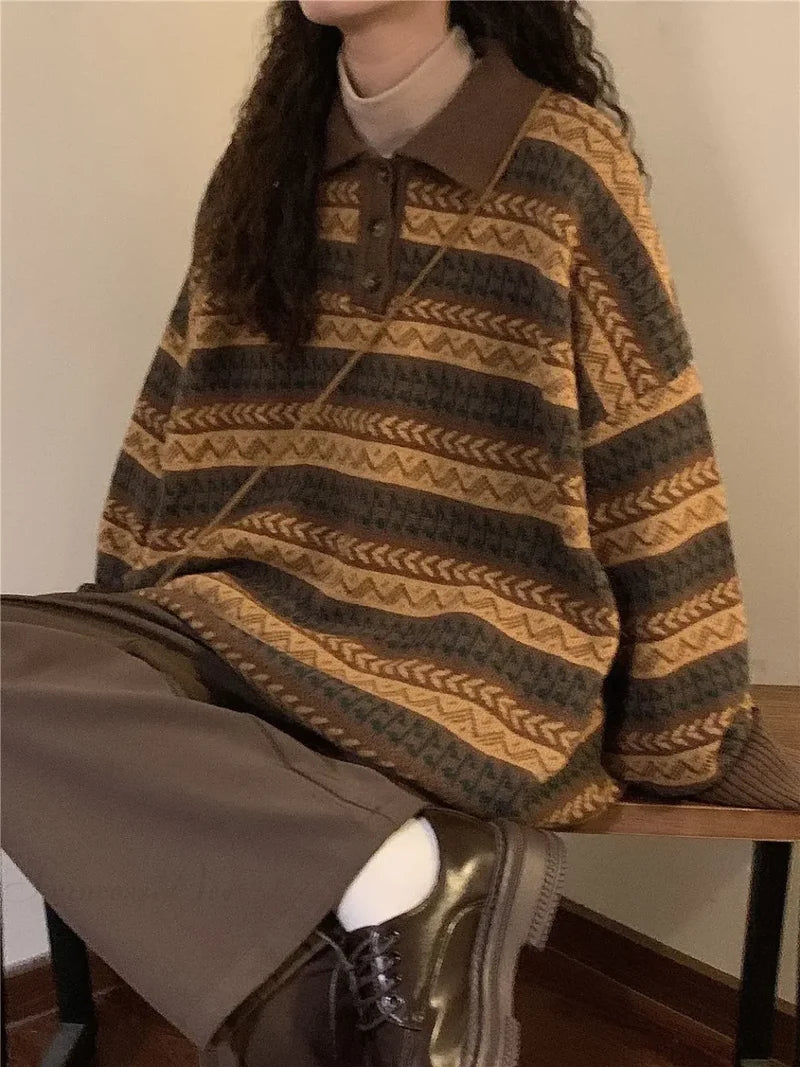 Retro Lazy Style Striped Loose Sweater