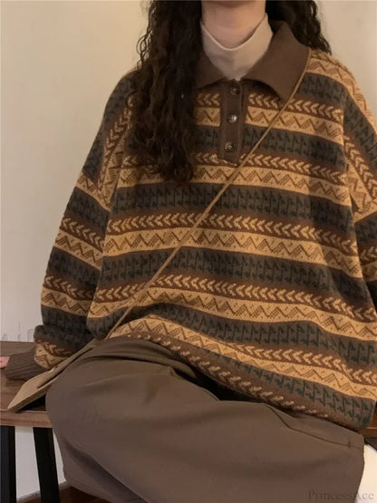 Retro Lazy Style Striped Loose Sweater