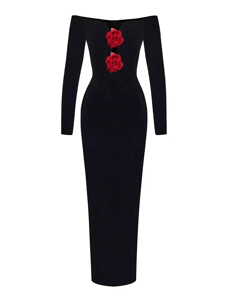 Sexy Off Shoulder V Neck Hollow Out Flower Dress Women Christmas Party Black / Xs Dresses-L