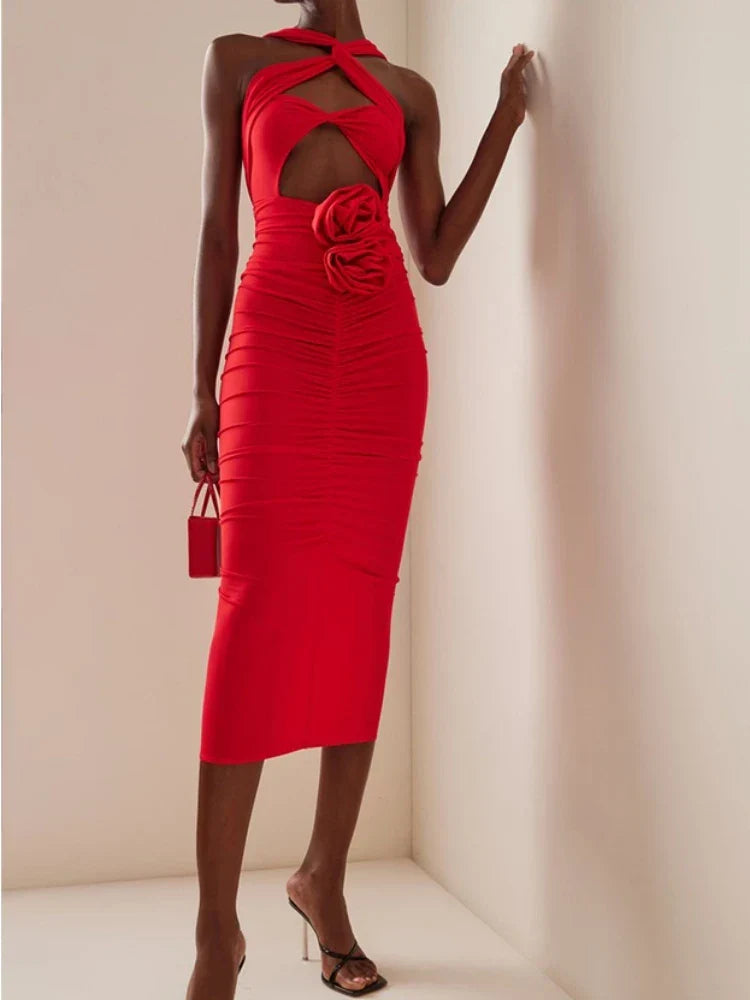 Sexy Sleeveless Flower Design Bodycon Midi Dress Cross Sling Cut Out Christmas Party Dresses-L