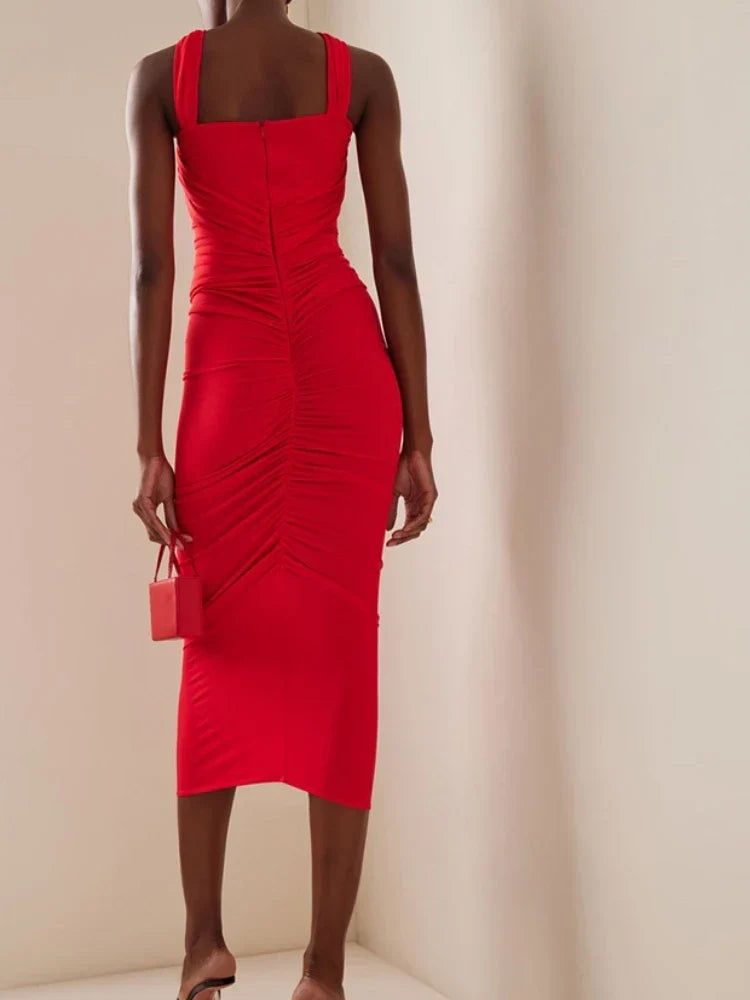 Sexy Sleeveless Flower Design Bodycon Midi Dress Cross Sling Cut Out Christmas Party Dresses-L