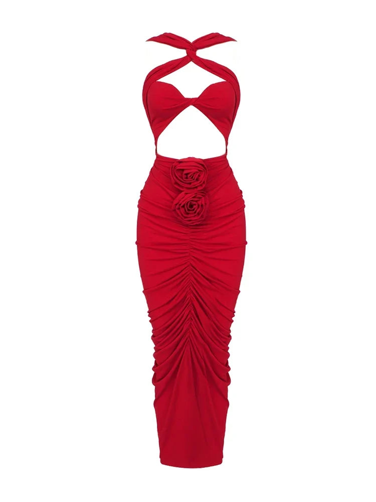 Sexy Sleeveless Flower Design Bodycon Midi Dress Cross Sling Cut Out Christmas Party Red / S