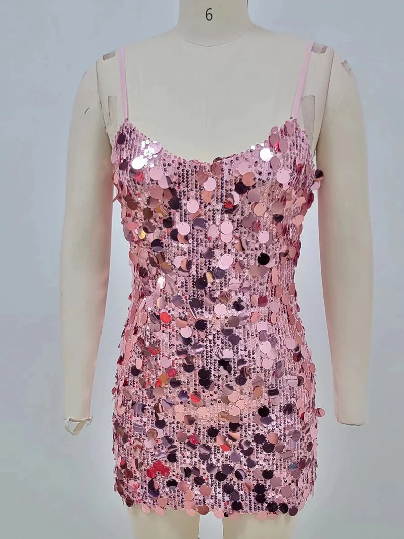 Sexy Spaghetti Strap Shiny Sequins Mini Dress Women Pink Christmas Party / Xs Dresses-L