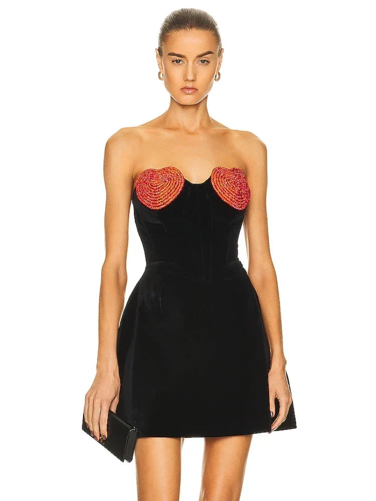 Sexy Strapless Heart Shape Crystal Design Mini Dress Velvet A-Line Christmas Party Dresses-L
