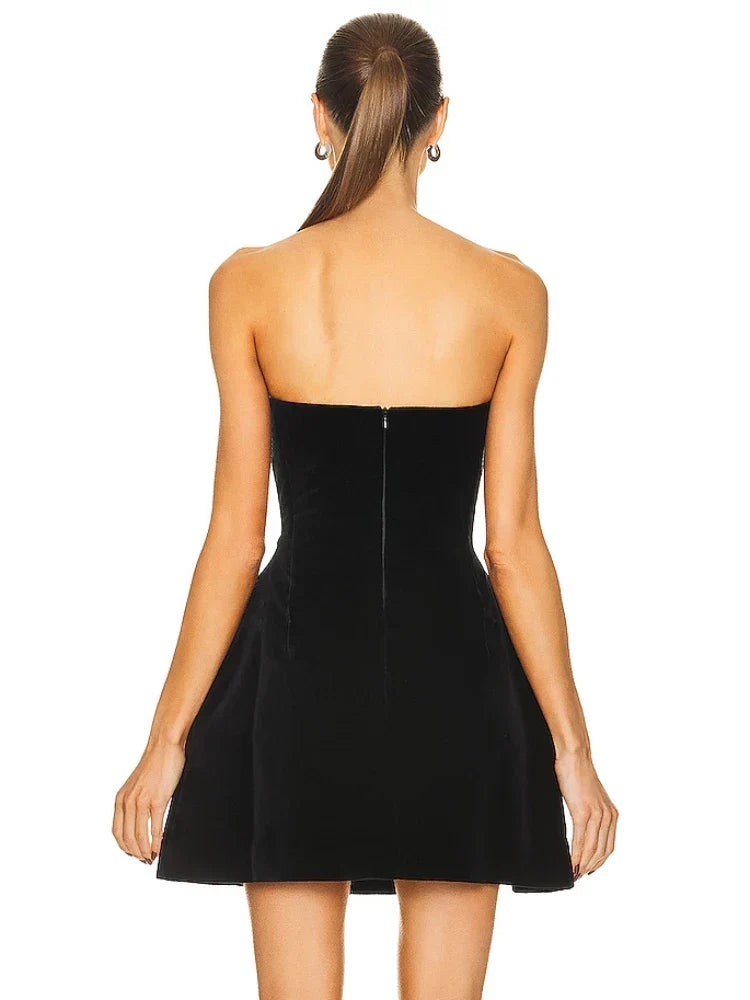 Sexy Strapless Heart Shape Crystal Design Mini Dress Velvet A-Line Christmas Party Dresses-L