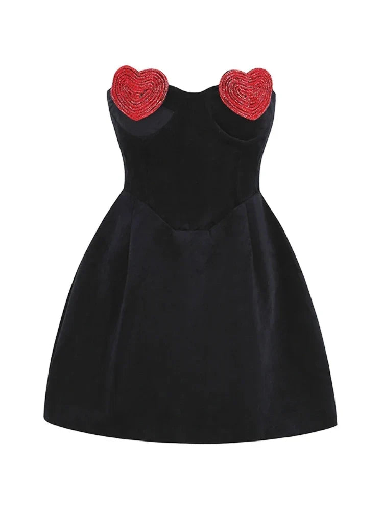 Sexy Strapless Heart Shape Crystal Design Mini Dress Velvet A-Line Christmas Party Black / S