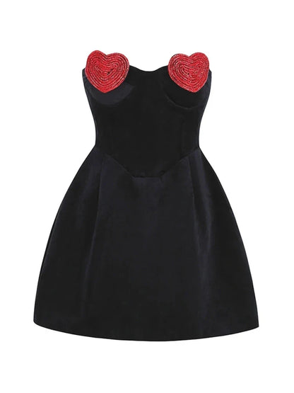 Sexy Strapless Heart Shape Crystal Design Mini Dress Velvet A-Line Christmas Party Black / S