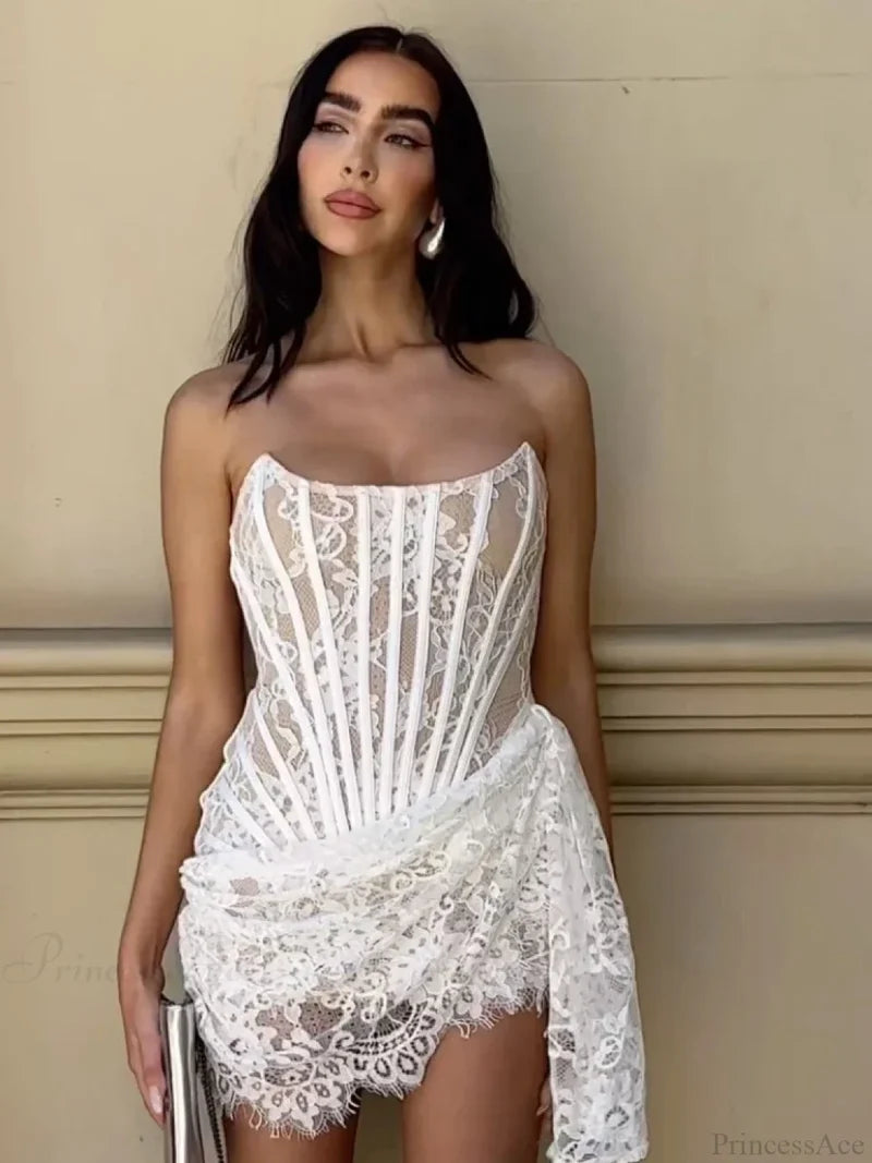 Sexy Strapless Lace Corset Mini Dress Sleeveless Lace-Up Draped Bodycon Christmas Party Dresses-L