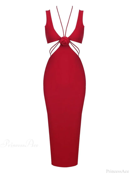 Sexy V Neck Flower Hollow Out Design Midi Dress Halter Christmas Party Red / S Dresses-L
