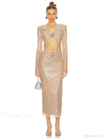 Sexy V Neck Sequins Cutout 3D Flower Dress Long Sleeves Christmas Party Dresses-L